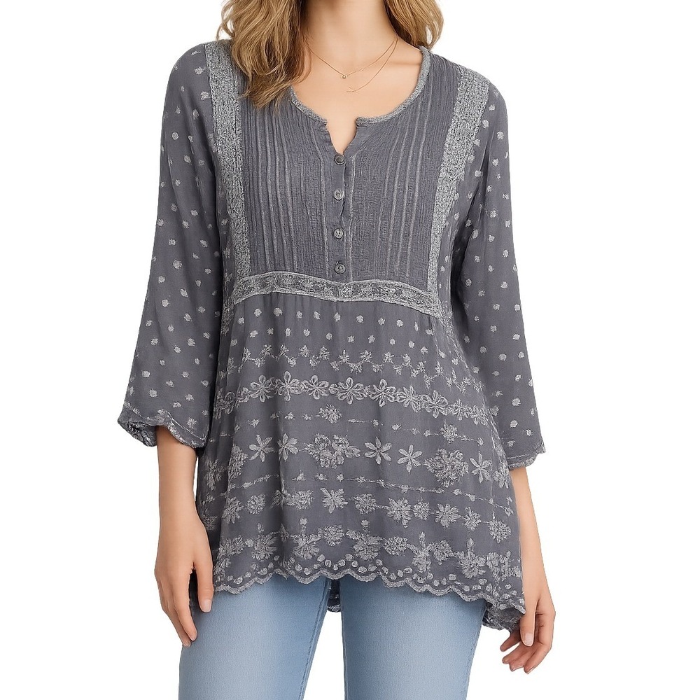 Johnny Was Embroidered Eyelet Lace Tunic Top Gray Rayon Cupra Small Boho Cottage